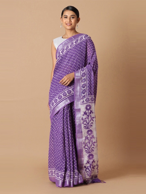 

Taneira Purple And White Printed Zari Border Bagru Saree