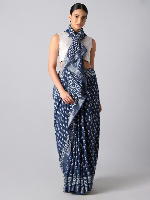 

Taneira Blue & White Floral Zari Bagru Saree