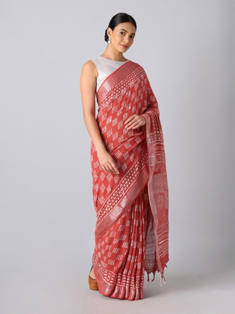 

Taneira Red And Silver Toned Batik Printed Zari Border Cotton Bagru Saree