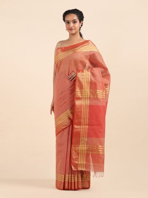 

Taneira Orange & Gold-Toned Checked Zari Silk Cotton Maheshwari Saree