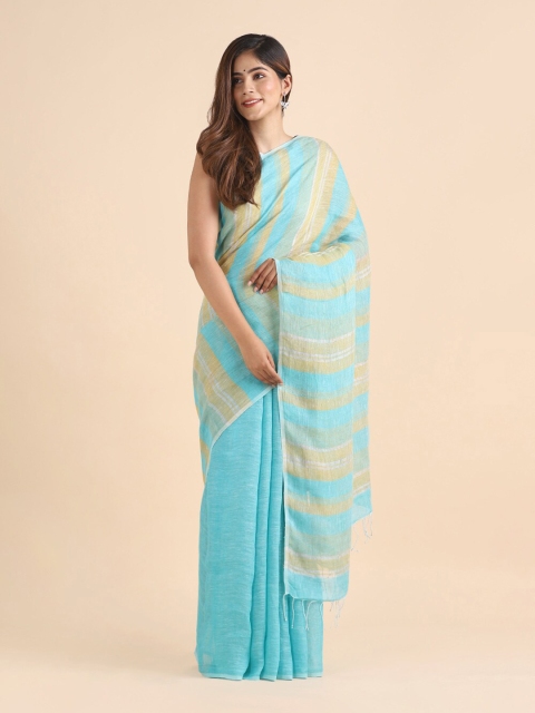 

Taneira Blue And Beige Striped Pure Linen Bengal Saree