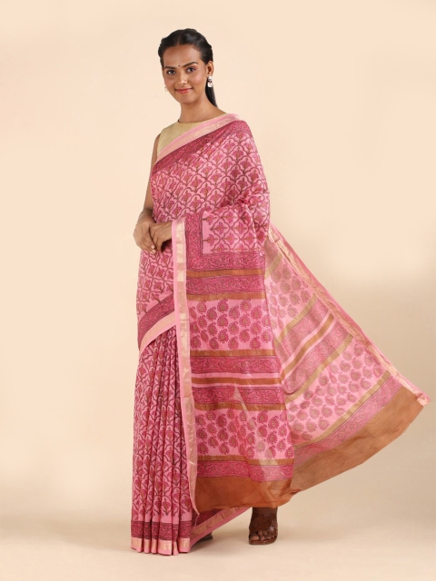 

Taneira Pink Floral Zari Silk Cotton Saree