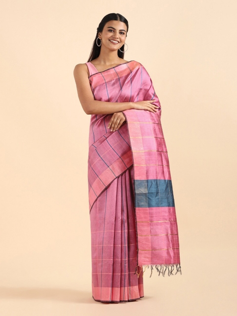 

Taneira Pink Striped Zari Pure Silk Bhagalpuri Saree