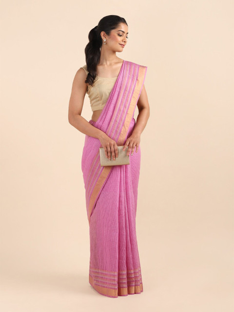 

Taneira Pink & Gold-Toned Striped Zari Pure Silk Saree