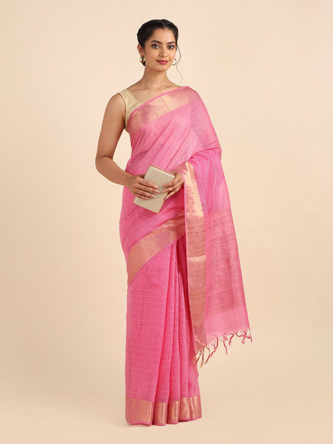 

Taneira Pink & Gold-Toned Striped Zari Pure Silk Saree