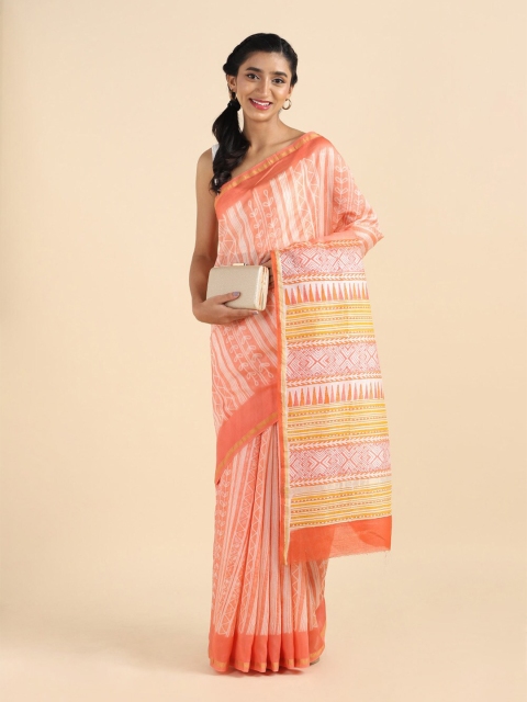 

Taneira Orange & Off White Ethnic Motifs Zari Silk Cotton Saree