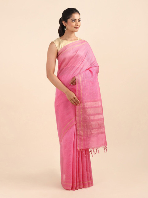 

Taneira Pink And Gold-Toned Woven Design Zari Pure Silk Saree