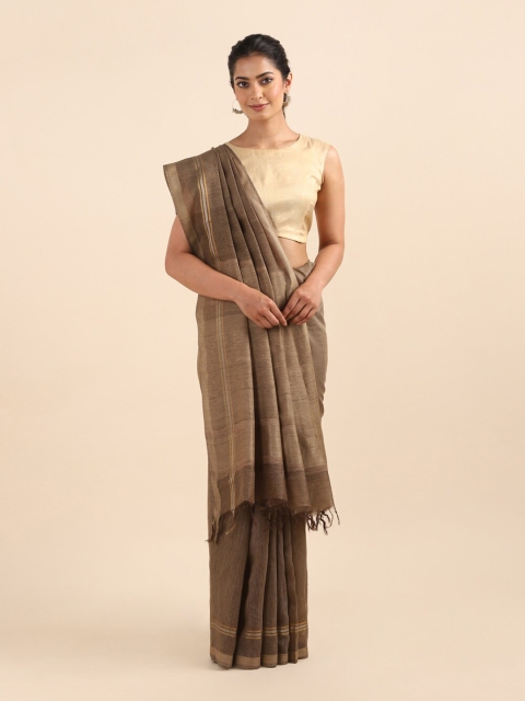 

Taneira Brown And Gold Toned Striped Pure Silk Saree