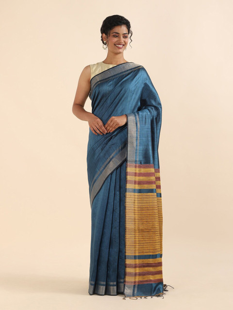 

Taneira Blue & Gold-Toned Zari Pure Silk Bhagalpuri Saree