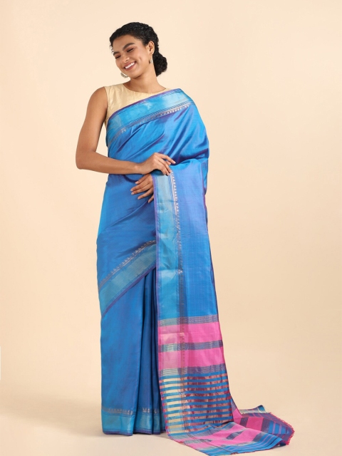 

Taneira Blue And Pink Zari Woven Design Border Pure Silk Saree