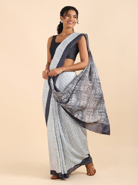 

Taneira Grey & Blue Checked Pure Silk Saree
