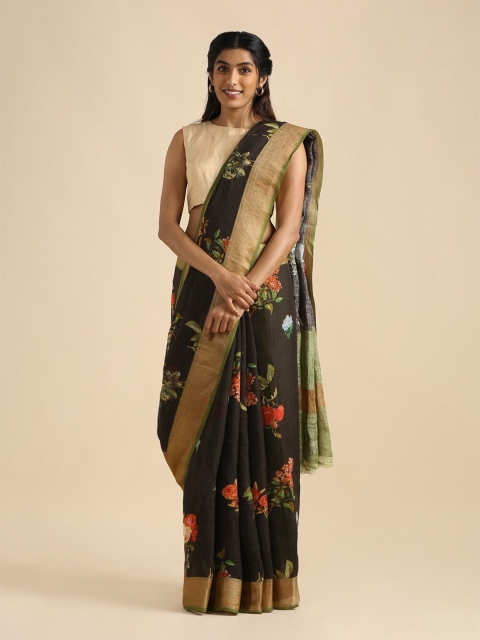 

Taneira Black & Red Floral Zari Pure Linen Saree