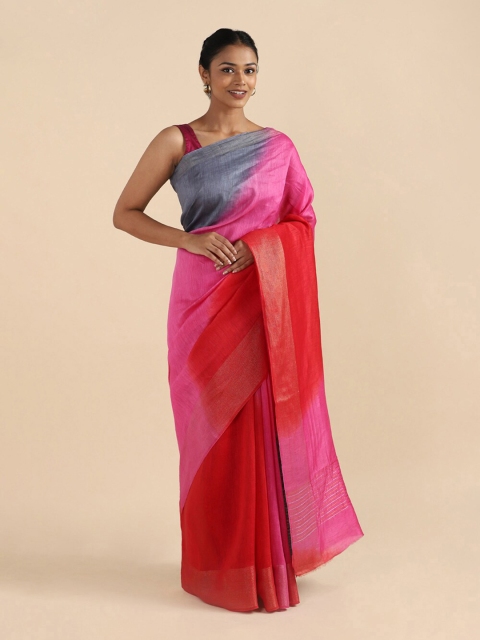 

Taneira Pink & Red Colourblocked Linen Blend Saree