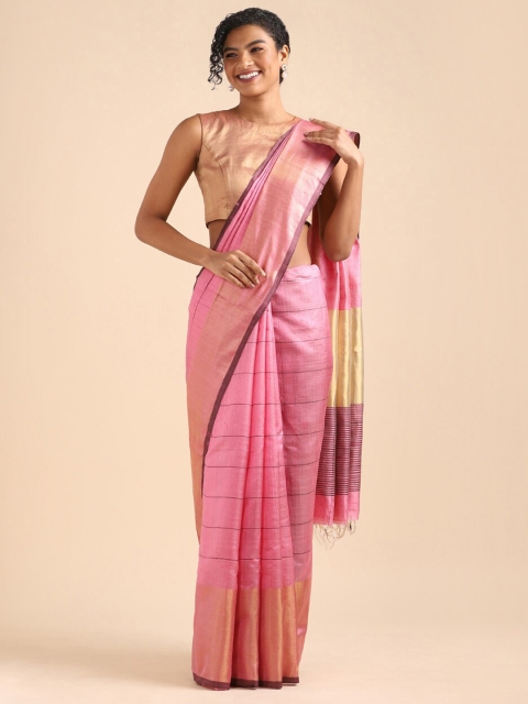 

Taneira Pink Striped Zari Pure Silk Bhagalpuri Saree