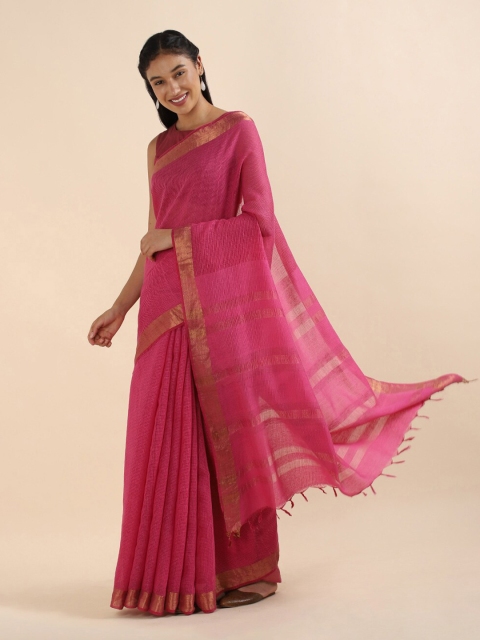 

Taneira Pink And Gold Toned Woven Design Zari Pure Silk Saree