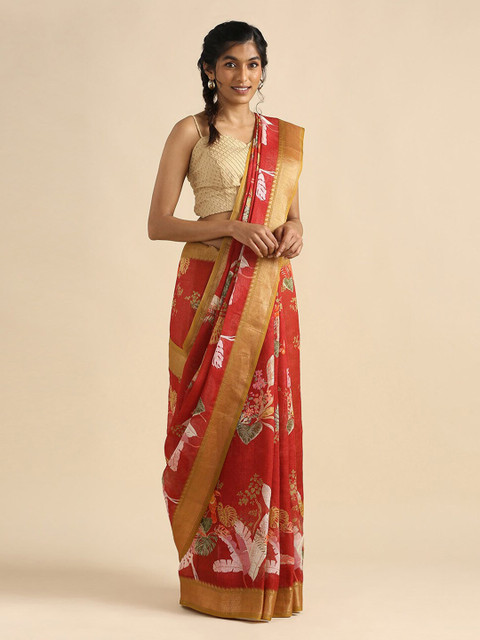 

Taneira Red & Green Floral Zari Pure Linen Saree
