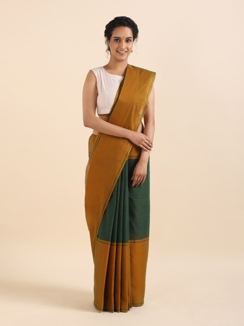 

Taneira Green & Mustard Striped Pure Cotton Saree