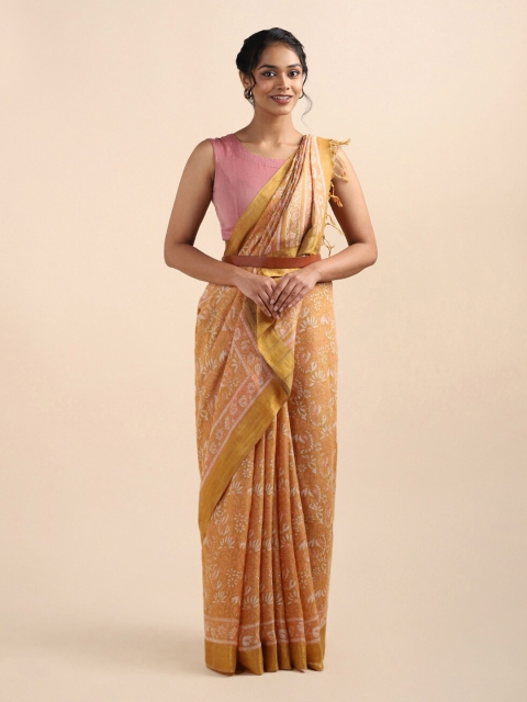 

Taneira Orange & Off White Floral Pure Linen Saree