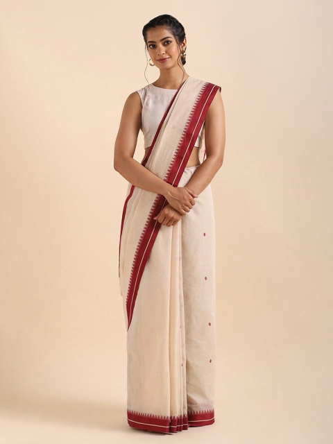 

Taneira Off White & Red Woven Design Pure Cotton Saree