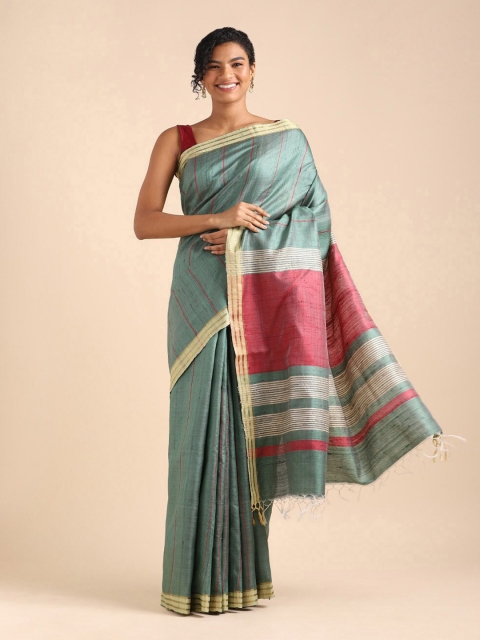 

Taneira Green & Pink Striped Zari Pure Silk Bhagalpuri Saree