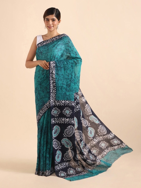 

Taneira Green & White Batik Pure Cotton Saree