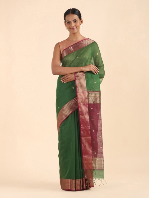 

Taneira Green & Maroon Woven Design Zari Silk Cotton Maheshwari Saree