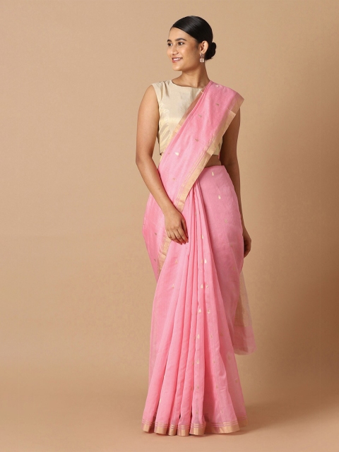 

Taneira Pink & Gold-Toned Woven Design Zari Silk Cotton Chanderi Saree