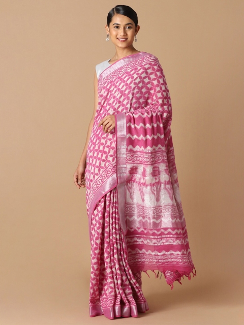 

Taneira Pink & White Zari Bagru Printed Saree