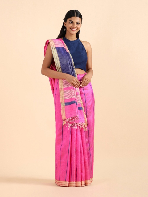 

Taneira Pink & Blue Striped Zari Pure Silk Bhagalpuri Saree