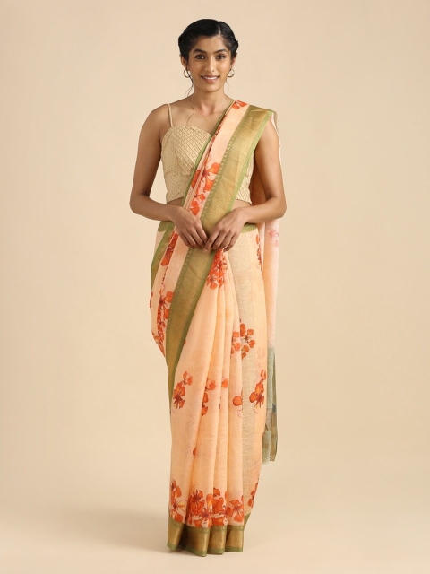 

Taneira Pink & Gold-Toned Floral Zari Pure Linen Saree