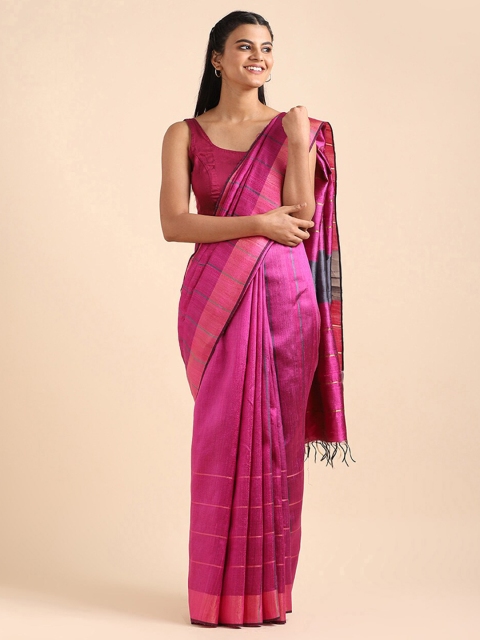 

Taneira Pink & Gold-Toned Striped Pure Silk Bhagalpuri Saree