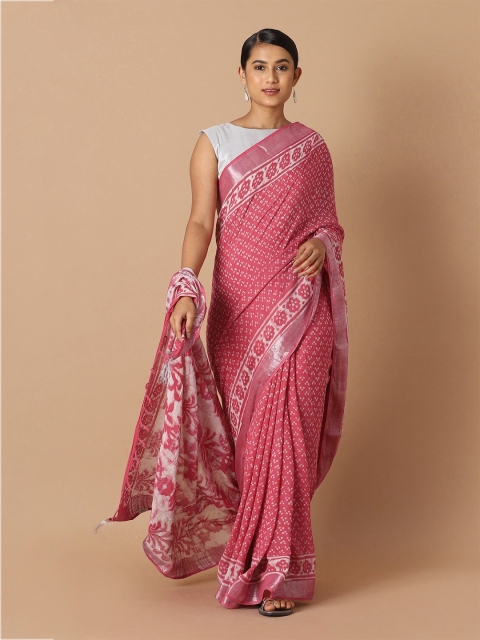 

Taneira Pink & Silver-Toned Zari Bagru Printed Saree