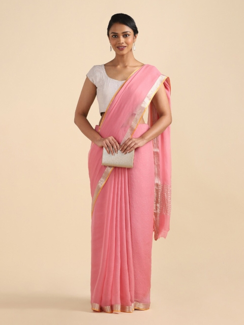 

Taneira Pink & Silver-Toned Zari Pure Chiffon Saree