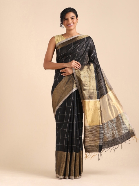 

Taneira Black & Gold-Toned Checked Zari Pure Silk Bhagalpuri Saree