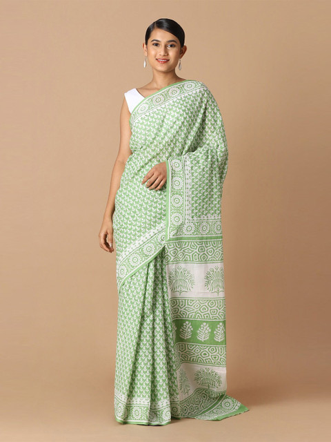

Taneira Green & White Floral Pure Cotton Saree