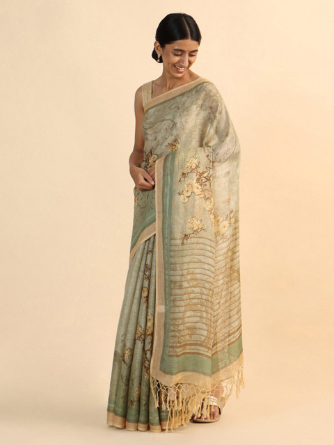 

Taneira Green & Brown Floral Pure Linen Saree