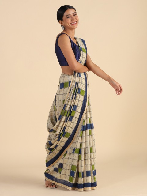 

Taneira Beige & Blue Checked Pure Silk Saree