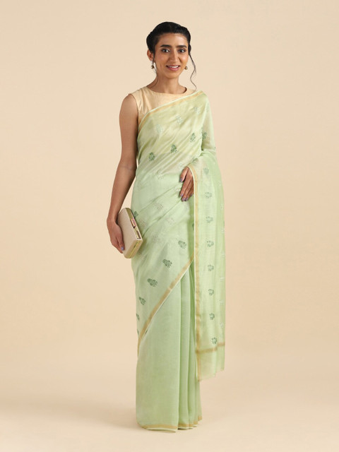 

Taneira Green & Gold-Toned Floral Zari Silk Cotton Saree