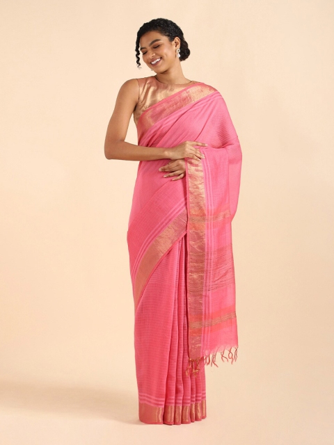 

Taneira Pink & Gold-Toned Striped Zari Linen Blend Bhagalpuri Saree