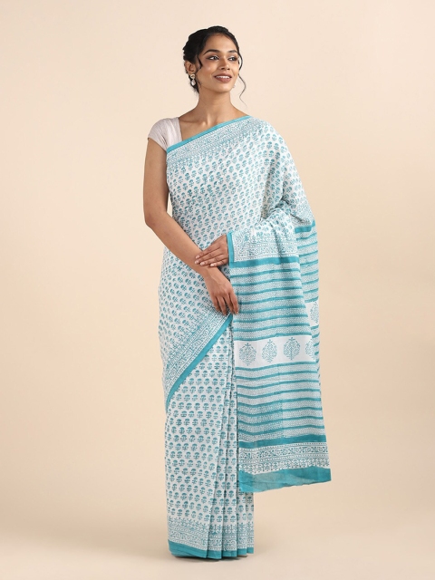 

Taneira Off White & Blue Floral Pure Cotton Saree