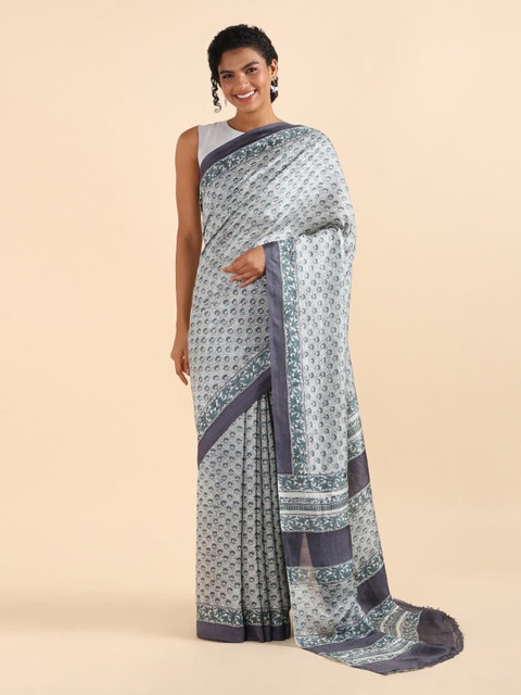 

Taneira Grey & Green Floral Pure Silk Saree