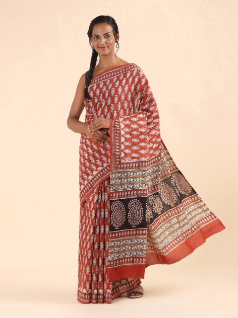 

Taneira Red & White Floral Pure Cotton Bagru Saree