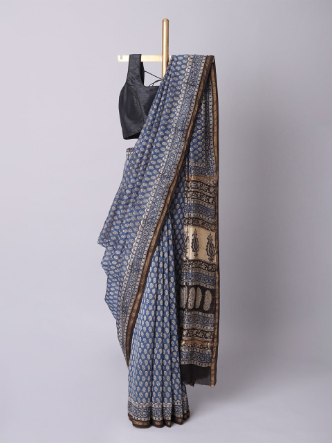 

Taneira Blue & Cream-Coloured Floral Zari Silk Cotton Bagru Saree
