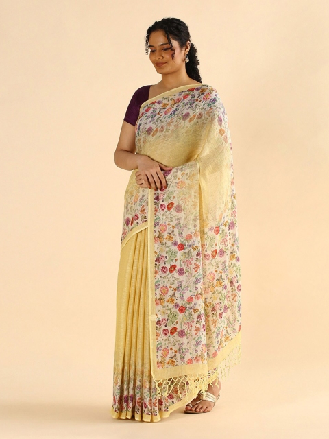 

Taneira Yellow & Red Floral Pure Linen Saree
