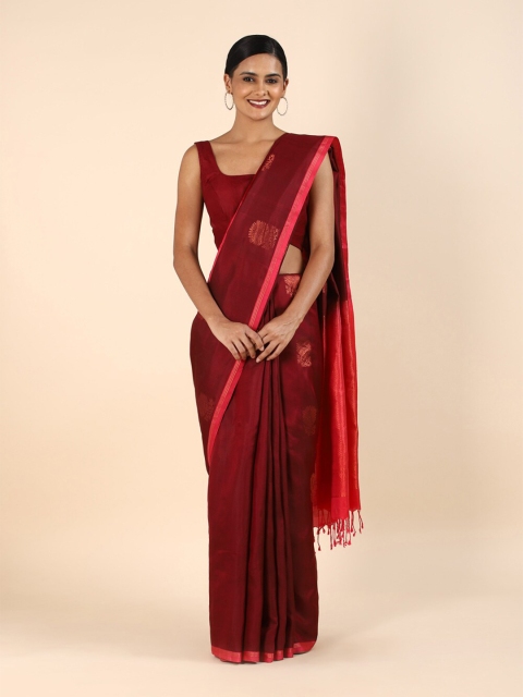 

Taneira Red & Gold-Toned Woven Design Zari Pure Cotton Saree