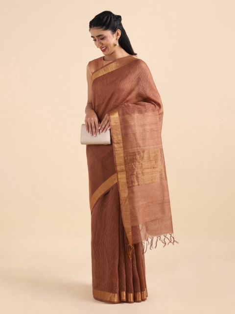 

Taneira Brown & Gold-Toned Striped Zari Pure Silk Saree