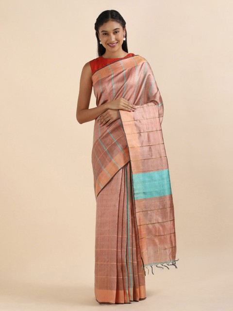 

Taneira Pink & Blue Striped Zari Pure Silk Bhagalpuri Saree