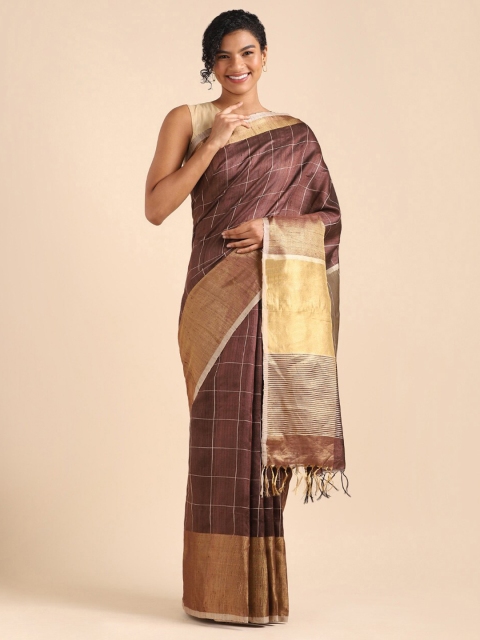 

Taneira Brown & Beige Checked Zari Pure Silk Bhagalpuri Saree