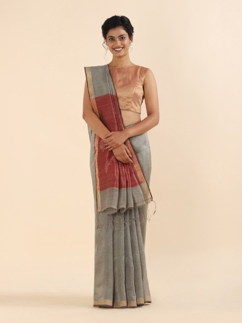 

Taneira Grey & Purple Zari Linen Blend Saree