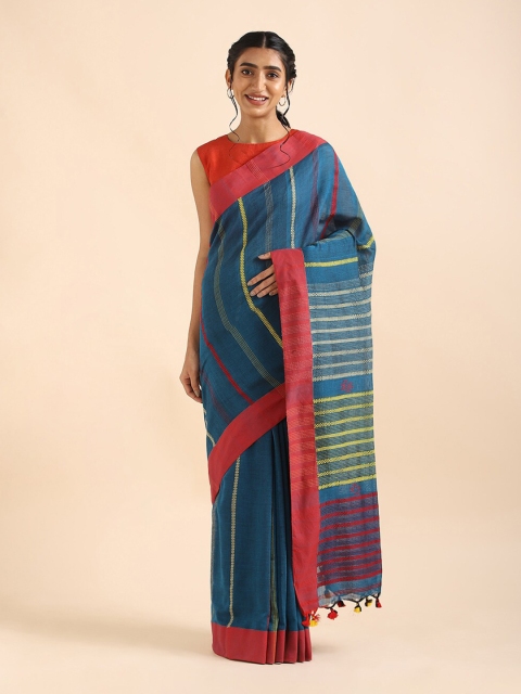 

Taneira Blue & Red Striped Pure Cotton Saree